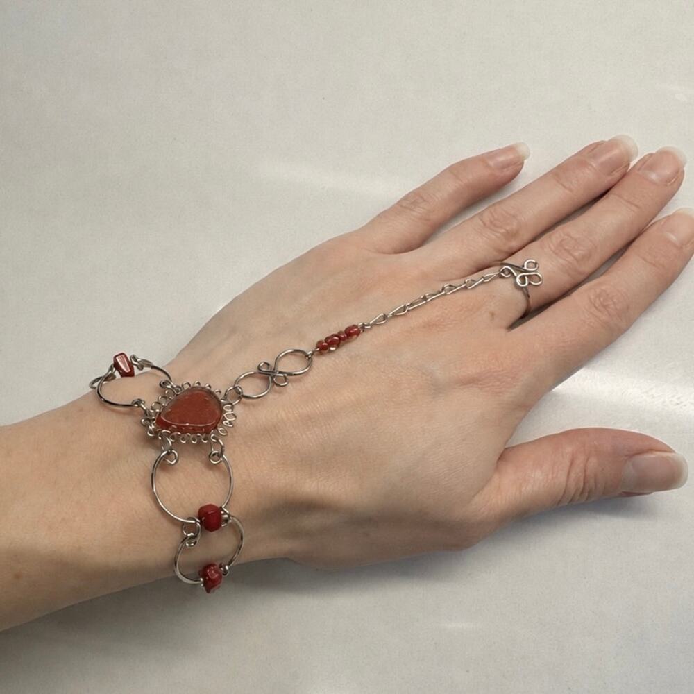 Red Stone & Glass Bead Silver Tone Boho Hand Chain Bracelet